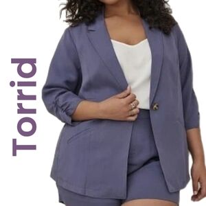 Torrid Womens Night Shade Blue Lyocell & Linen Blend Blazer Sz 4X Ruched Sleeves